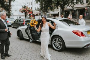 Bride arriving in her car at Islington Town Hall.