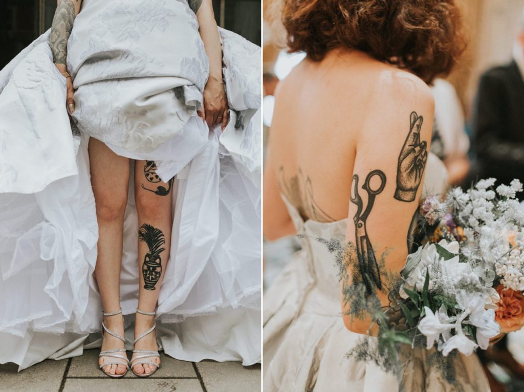 Bride with tattoos and white dress