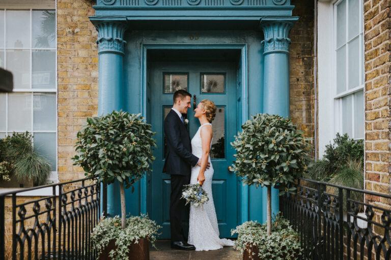 Bingham Riverhouse Wedding Photographer, Bride and Groom at the front of hotel door.