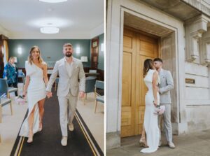 Bride and groom elopement exit. Newlyweds in front of Hackney Town Hall London.