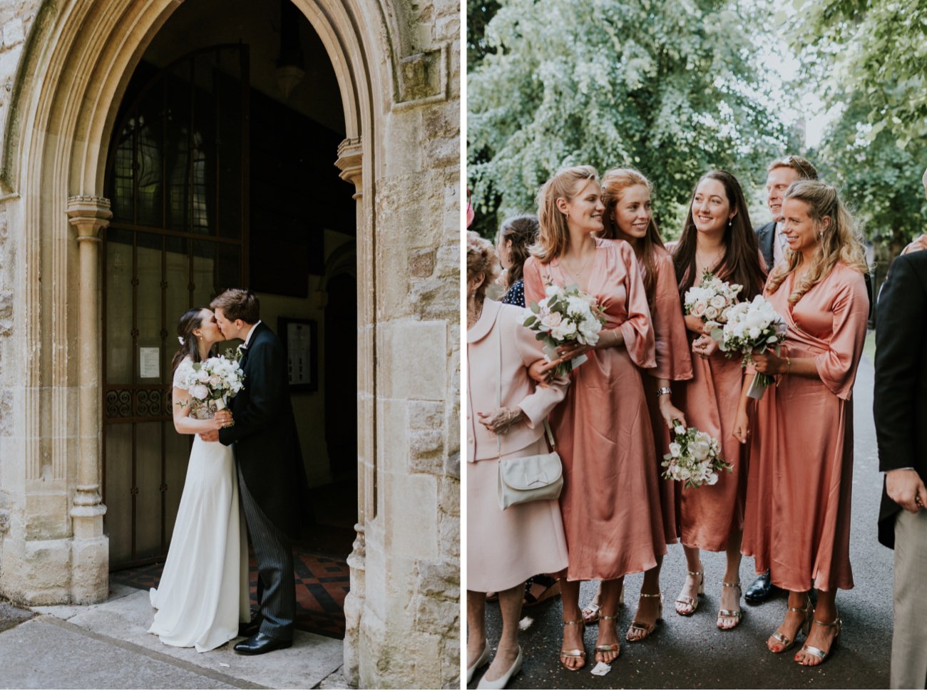 A kiss outside the church, bridesmaids smiling