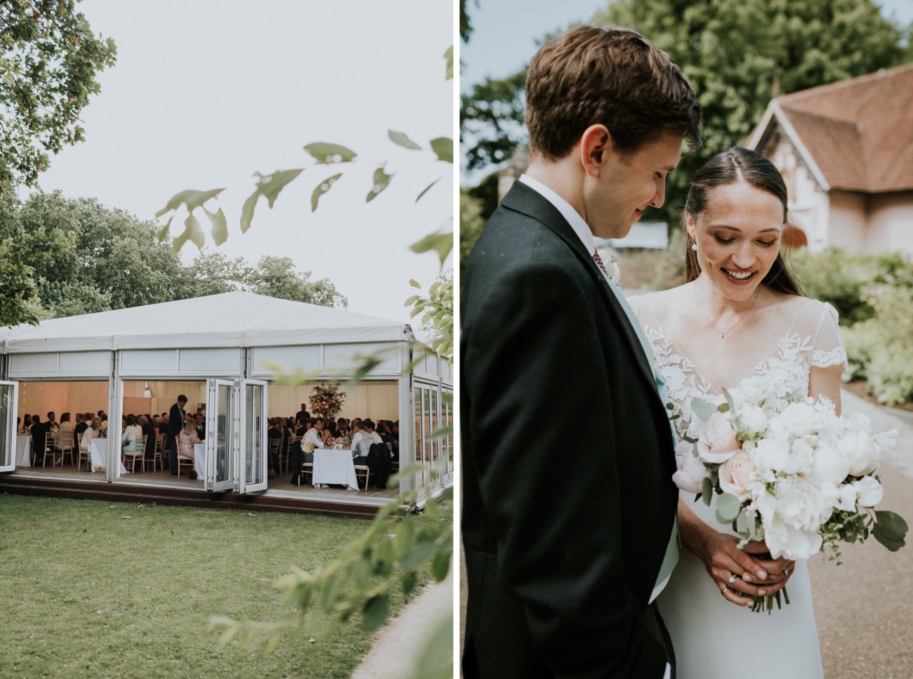 Fulham Palace wedding marquee, beautiful florals in the gardens outside in the sunshine