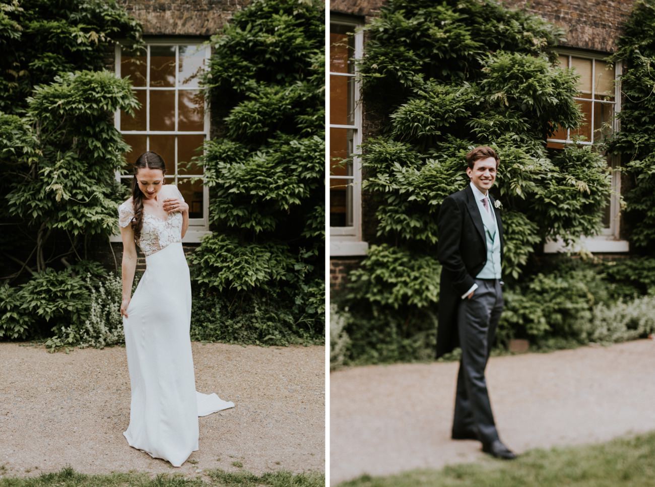 Bride and groom portraits outside Fulham Palace London